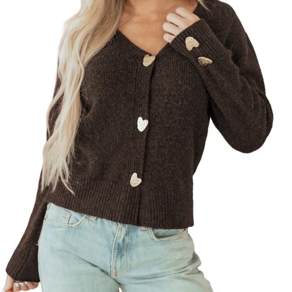 NWOT Chocolate Brown V-neck Cardigan Hammered Gold Heart Buttons Sz L - Picture 8 of 10
